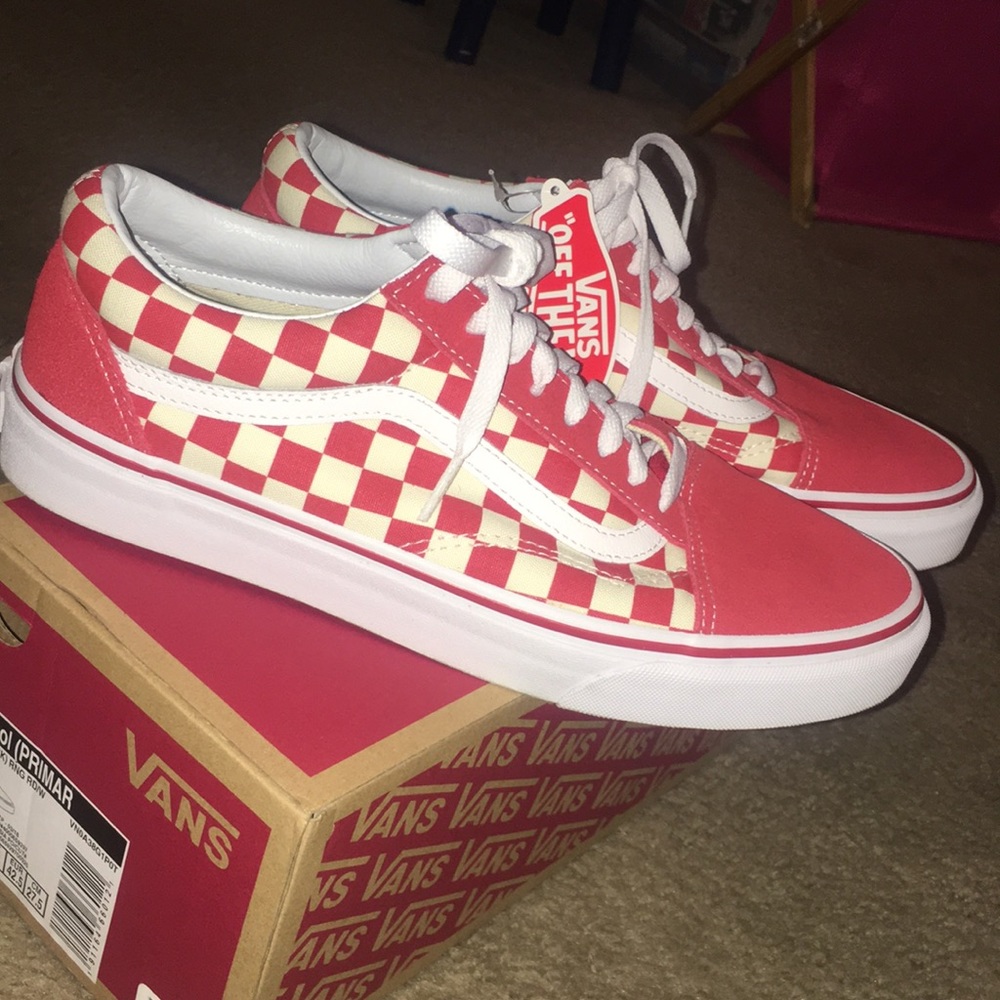 red checkerboard vans
